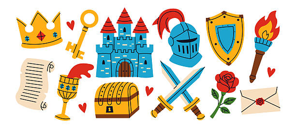 Middle Age elements set. Crown, castle, knight, rose, swords, shield, letter, torch, key etc. Fairytale stickers in Medieval style. Vector illustration isolated on white background.