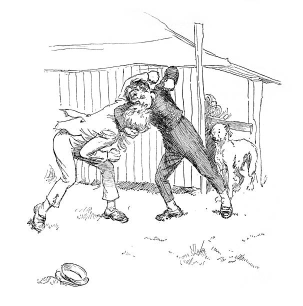 One man, on the right, is standing more upright and has grabbed the other by the head or hair, pulling him downward while raising his other arm as if about to strike. The second man, on the left, is bent forward, off balance, seemingly trying to resist or recover from the grip. His posture suggests he is being overpowered in the moment. In the background, there is a simple wooden structure—possibly a shed or barn—with vertical planks and a slanted roof. A pig stands nearby, calmly observing the scene, adding a slightly ironic or rustic tone to the image. On the ground in the foreground, a hat has fallen off, likely dropped during the struggle.
