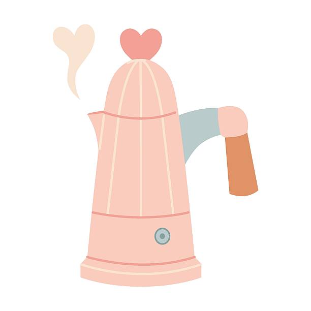 Retro style moka pot coffee maker with heart decoration and steam. Cute pink kitchen appliance for home brewing concept. Trendy modern vector illustration isolated on white, hand drawn, flat design.