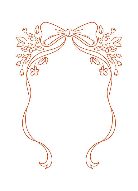 Bow knot forms a decorative frame with flowing ribbon and small blossom accents in elegant line art. Symbol of celebration, romance, gift wrap, and invitation border. Cartoon vector illustration.