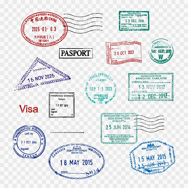 Collection of international travel passport stamps isolated on transparent background.