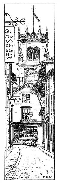The artwork features a narrow, cobbled street leading toward a large church tower. A person is depicted walking a pig down the street toward a shop. The drawing style is detailed black and white linework, characteristic of architectural illustrations from the late 19th.