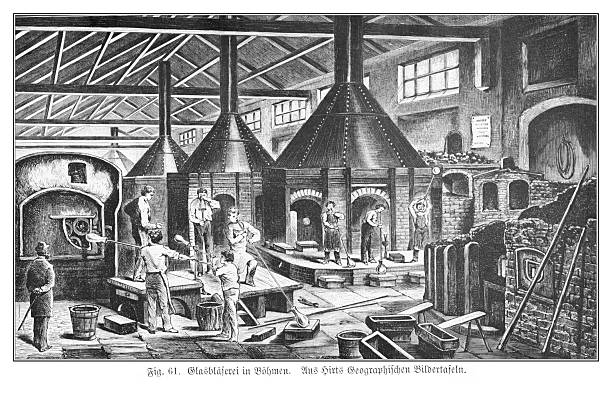 Antique illustration of glassblowing in Bohemia, 19th century. The image shows glassblowers at work in a factory setting, showcasing the traditional glassmaking process.