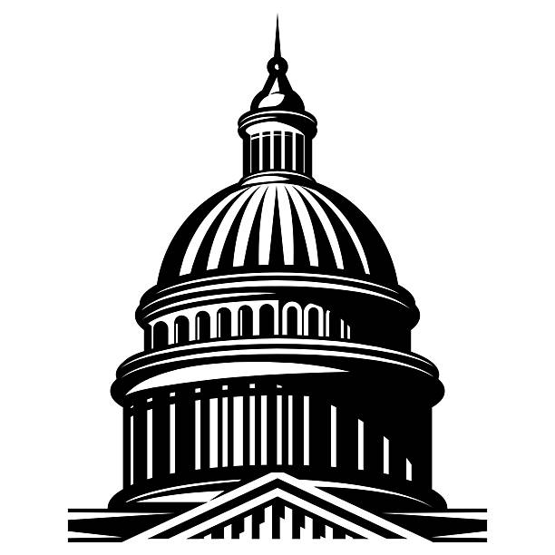 U.S. Capitol Building dome black and white illustration icon for government and political designs.