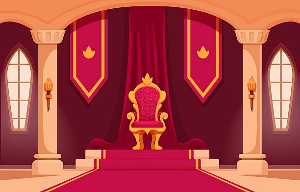 Cartoon throne room interior. Inside medieval royal palace. Red curtains and carpet, chair for king, torches on walls. Big hall in fairy tale castle, sapid vector background original artwork