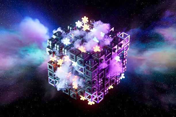Photo of Abstract Data Cube in Cosmic Nebula Clouds, Quantum Computing and Artificial Intelligence Processor Concept, 3D Rendering