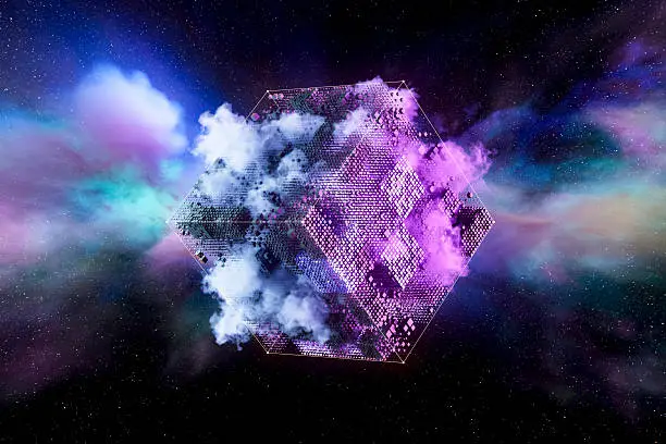 Photo of Abstract Data Cube in Cosmic Nebula Clouds, Quantum Computing and Artificial Intelligence Processor Concept, 3D Rendering