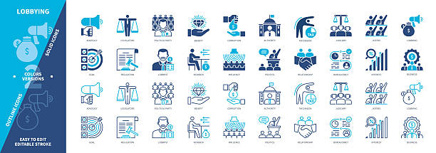 Corruption solid outline set Lobbying icon set. Legislators, Bureaucracy, Influence, Political Party, Voters, Authority, Kickback, Tax Evasion. Duotone color solid and editable outline icons election fraud stock illustrations