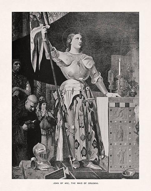 Halftone sepia portrait of Joan of Arc, the maid of Orleans, based on a painting by Jean Ingres.