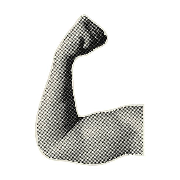 Halftone collage male bicep. Vintage Strong biceps of muscular bodybuilder arm. Paper Cut out Pop art Sport Man hand. Powerful energy, fitness gym workout concept. Modern retro vector illustration
