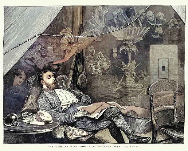 History, Man sleeping, Dreaming of winning Wimbledon, Volunteer's dream of glory, Victorian, Vintage illustration 1870s