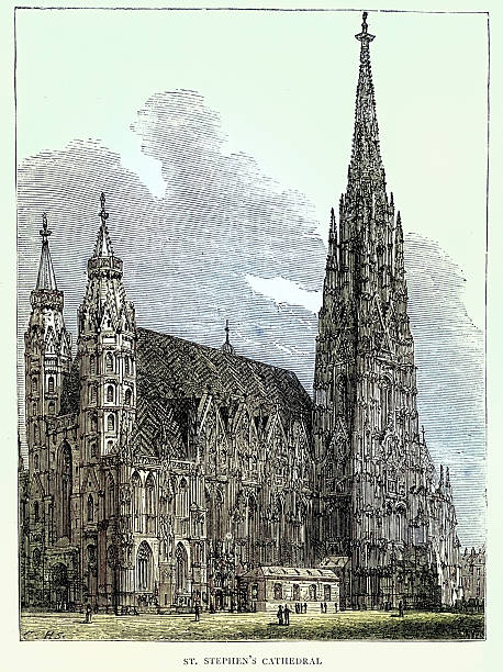 Romanesque, Gothic architecture, St. Stephen's Cathedral in Vienna, Austria, Victorian, Vintage illustration 1870s