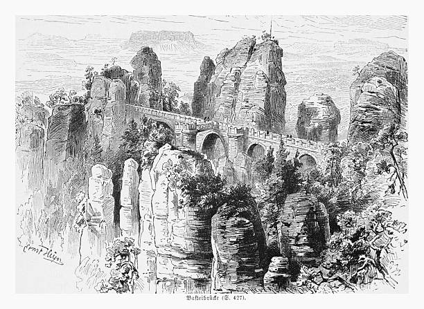 An intricate 19th-century engraving depicting the iconic Bastei Bridge in Saxon Switzerland, Germany, majestically spanning between dramatic sandstone rock formations. This historic illustration captures the breathtaking natural beauty and the architectural ingenuity of the region.