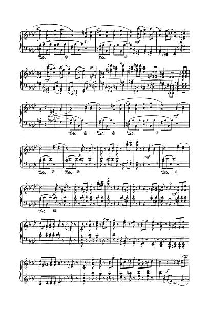 Detailed 19th-century sheet music for a piano composition, showcasing a full page of musical notation including staves, notes, clefs, time signatures, key signatures, dynamic markings, and pedal instructions. This monochrome illustration captures the intricate details of classical music scores from the era.