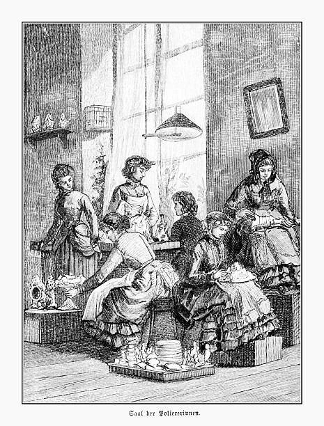 An intricate 19th-century engraving depicting a group of young women diligently polishing and finishing ceramic or porcelain wares in a bustling workshop. This detailed genre scene, titled 'Saal der Poliererinnen' (Hall of the Polishers), illustrates female labor and industrial work during the Victorian era, showcasing their concentration and skill.