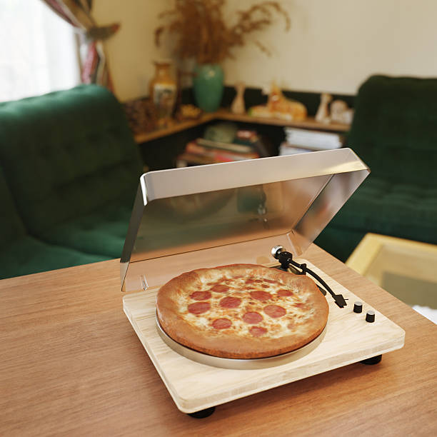 Surreal CGI of a pepperoni pizza placed on a record player in a retro living room, blending food, music, and slow living in a humorous domestic scene