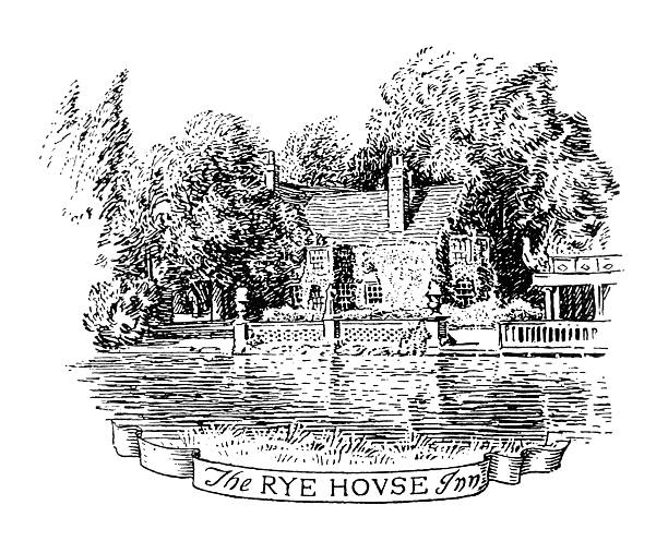 This high-contrast pen and ink drawing depicts the historic Rye Hovse Inn (now known as the Rye House Tavern) in Hoddesdon, Hertfordshire. The illustration captures the building's traditional multi-gabled roofline and prominent brick chimneys, set behind a decorative stone balustrade that overlooks a tranquil stretch of the River Lea. The water's surface in the foreground is rendered with horizontal hatching to suggest gentle ripples and reflections of the surrounding lush, stylized trees.