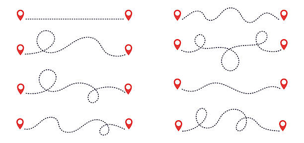 bildbanksillustrationer, clip art samt tecknat material och ikoner med vector map route dotted path set red location pins - prickad linje