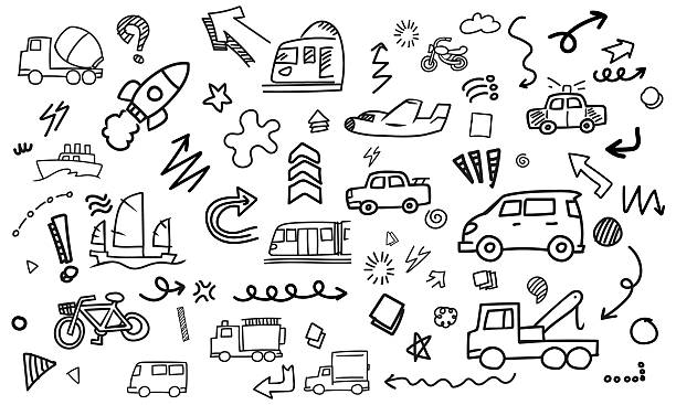 Transportation Horizontal hand-drawn doodle of various transportation vehicles. Featuring creative sketches of bicycles, spacecraft, fire trucks, tractors, and sports cars for logistics and travel industry backgrounds. sports car outline drawing stock illustrations