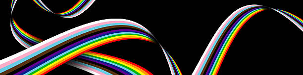 LGBTQ+ Progress Pride rainbow waves on black background wide banner. Vector EPS10 Horizontal abstract vector banner with flowing rainbow waves in Progress Pride flag colors on a black background. Modern inclusive design for web headers, social media covers and advertising. High-quality elegant wavy illustration. bi pride flag stock illustrations