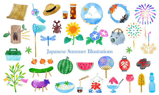 ilustrații de stoc cu set de ilustrații pentru acuarelă de vară japoneză - fluture insectă
