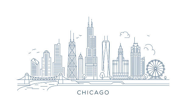illustrations, cliparts, dessins animés et icônes de vector d’art lineari minimaliste de la skyline de chicago avec traits de contour modifiables - horizon urbain