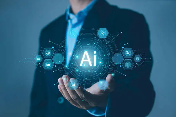 Photo of Businessman presenting AI technology interface with digital data network, machine learning, automation, analytics and futuristic innovation for smart business transformation and global technology.