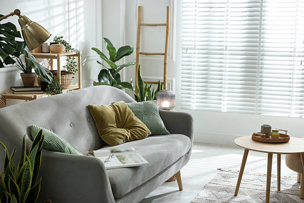 salón elegante con sofá y plantas de interior. diseño interior - piso en sala fotografías e imágenes de stock