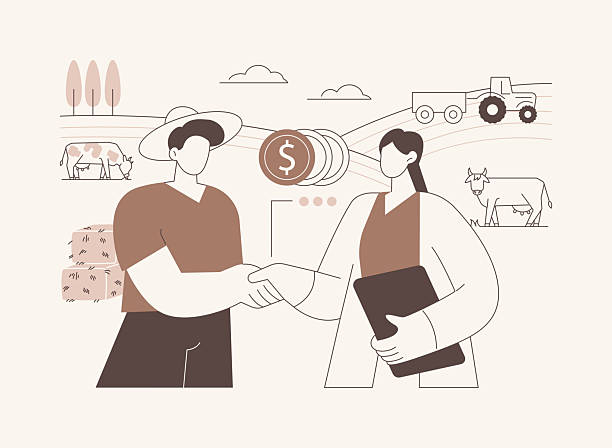 Beginning farmers and ranchers loans isolated cartoon vector illustrations. Beginning farmers and ranchers loans isolated cartoon vector illustrations. Banker talks with farmer, agriculture loans, agribusiness industry, support service for ranchers vector cartoon. agricultural field plots stock illustrations