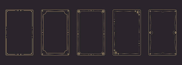 ilustrações, clipart, desenhos animados e ícones de linha dourada, borda esotérica mínima celestial, borda esotérica deco. linhas finas e elegantes, lua crescente, sol, decorações com estrelas. modelo de cartas de tarô, conjunto de design oculto. ilustração vetorial - playing card art deco