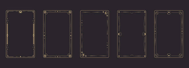 ilustrações, clipart, desenhos animados e ícones de linha dourada, borda esotérica mínima celestial, borda esotérica deco. linhas finas e elegantes, lua crescente, sol, decorações com estrelas. modelo de cartas de tarô, conjunto de design oculto. ilustração vetorial - playing card art deco
