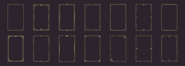ilustrações, clipart, desenhos animados e ícones de linha dourada, borda esotérica mínima celestial, borda esotérica deco. linhas finas e elegantes, lua crescente, sol, decorações com estrelas. modelo de cartas de tarô, conjunto de design oculto. ilustração vetorial - playing card art deco
