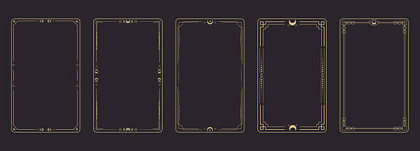 ilustrações, clipart, desenhos animados e ícones de linha dourada, borda esotérica mínima celestial, borda esotérica deco. linhas finas e elegantes, lua crescente, sol, decorações com estrelas. modelo de cartas de tarô, conjunto de design oculto. ilustração vetorial - playing card art deco
