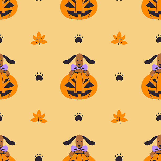Dog Jack o Lantern Seamless Pattern Cute Dachshund Puppy with tied Bow inside Pumpkin with Yellow Autumn Leaves and Paw Print. Cartoon Flat Vector illustration purple paw print backgrounds stock illustrations