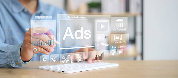 Digital marketing interface with advertising dashboard, analytics charts, AI content tools, and targeting features. Concept Digital marketing interface with advertising dashboard, analytics charts, AI content tools, and targeting features. Concept Facebook ads management stock pictures, royalty-free photos & images