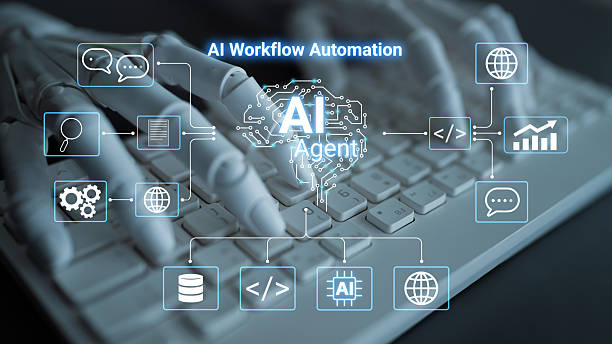 AI Workflow Automation with Hands on Keyboard and Digital Interface Elements Illustration of AI workflow automation featuring hands typing on a keyboard with digital interface elements. Ideal for showcasing technology and efficiency in operations. AI workflow automation agency stock pictures, royalty-free photos & images