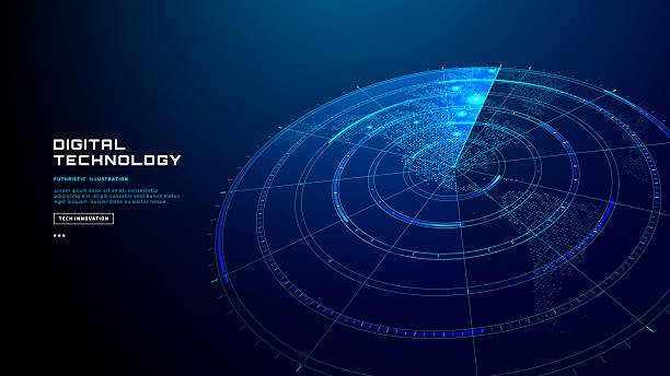 Advanced radar technology with HUD screen shows sonar navigation map vector art illustration