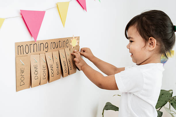 Little girl checking morning routine chart at home - Kid using DIY chore schedule - Learning and child development concept Little girl checking morning routine chart at home - Kid using DIY chore schedule - Learning and child development concept Autism Therapy stock pictures, royalty-free photos & images