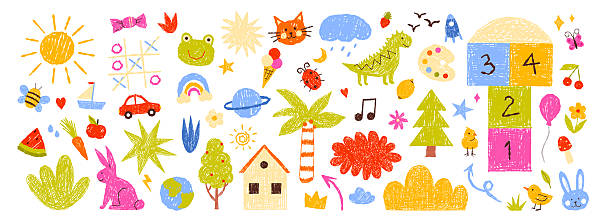 Kids Painting Doodle Elements Set Vector Colorful kids painting doodles with sun animals flowers house rainbow hopscotch and playful objects, isolated on white background vector illustration finger painting stock illustrations