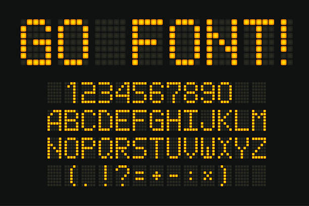 Digital font for led board, scoreboard, clock board. Yellow typeset for electronic display. Infoboard letters, signs and numbers collection on black background. vector art illustration
