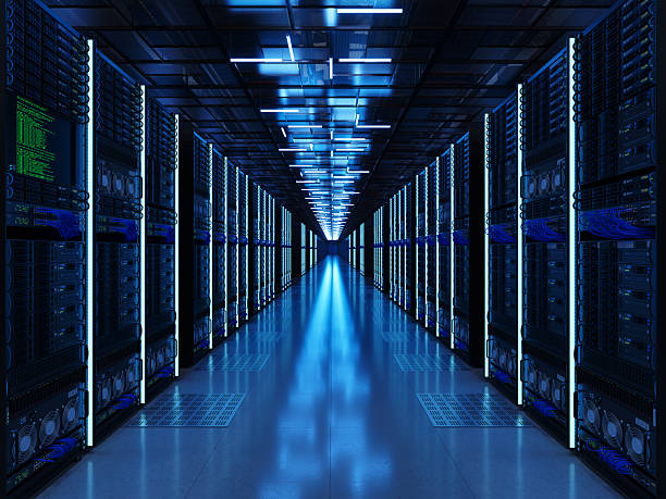 Modern Data Center Server Racks with Blue LED Lighting and High-Performance Cloud Computing Infrastructure stock photo