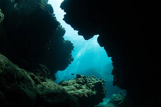 Scuba Diver Exploring Underwater Cave with Dramatic Sun Rays stock photo