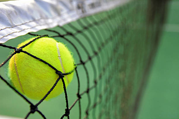 istock Tennis ball in net 450003397