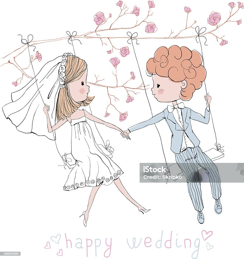 Свадебный набор невесты и жениха на качели - Векторная графика Близость роялти-фри