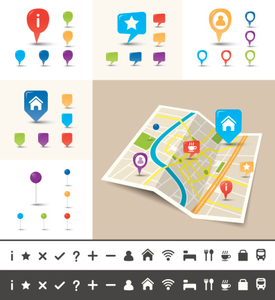 EPS 10. Vector illustration of a folded map of an imaginary city with icons and pin template.