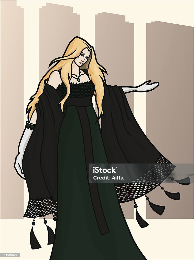 Witamy. Zaproszenie Młoda ładna kobieta w ciemnych Długa sukienka - Grafika wektorowa royalty-free (Antropomorficzna buźka)