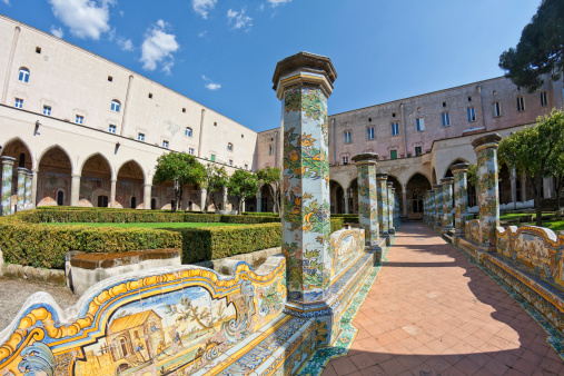 The cloister of Santa Chiara in Naples is famous for its benches and columns  completely covered with majolica tiles.