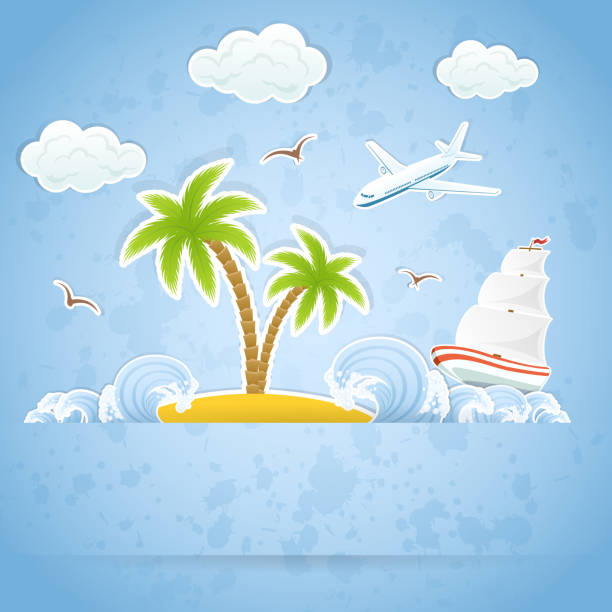 island auf blauem hintergrund - tropical climate airplane island hawaii islands stock-grafiken, -clipart, -cartoons und -symbole