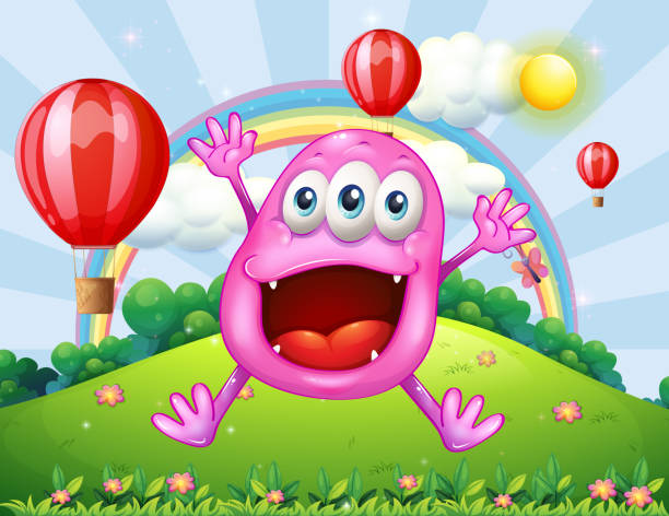 illustrazioni stock, clip art, cartoni animati e icone di tendenza di una collina con un felice saltando rosa mostro - noontime