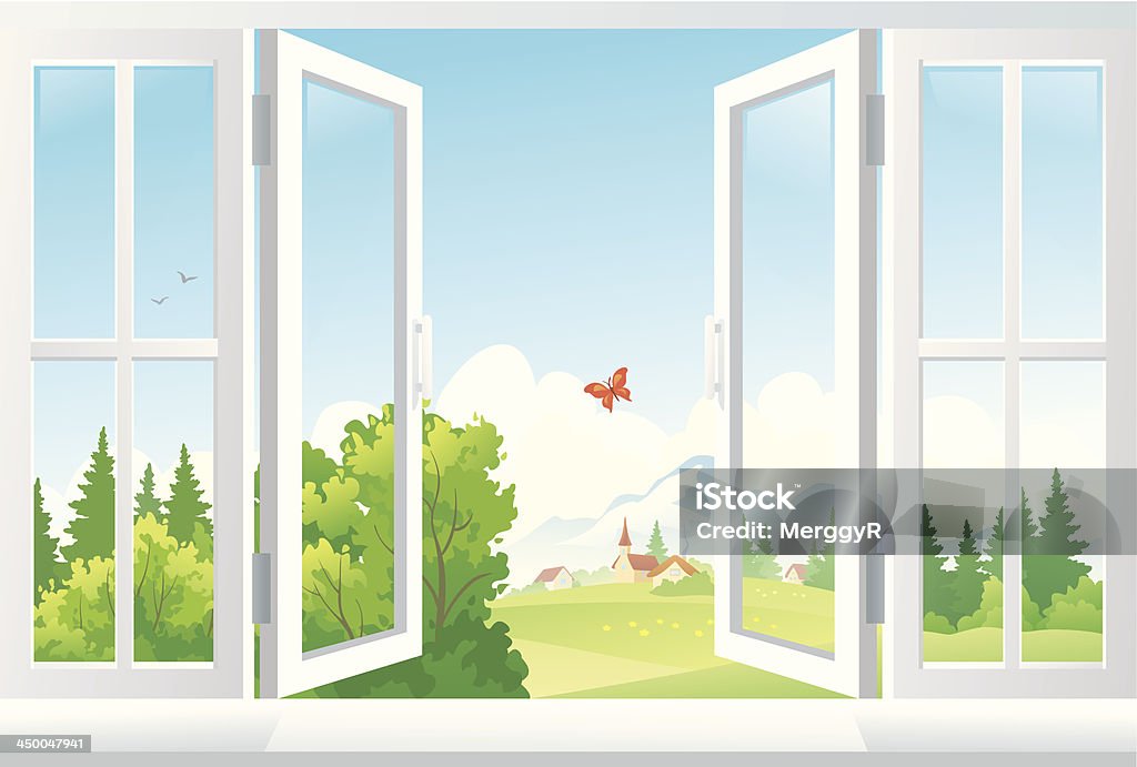 An illustration of open windows with a scenic view Vector illustration: open window with a landscape view. EPS 10: transparency used. Window stock vector